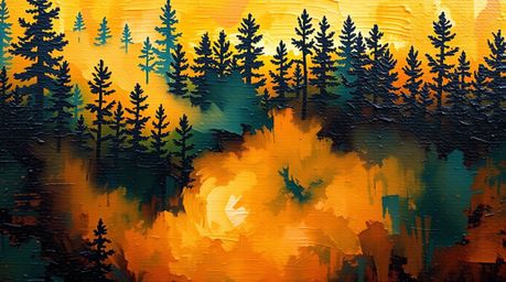 A vibrant, bold acrylic painting featuring a tight close-up perspective of mist rising from a forest during the golden hour. 