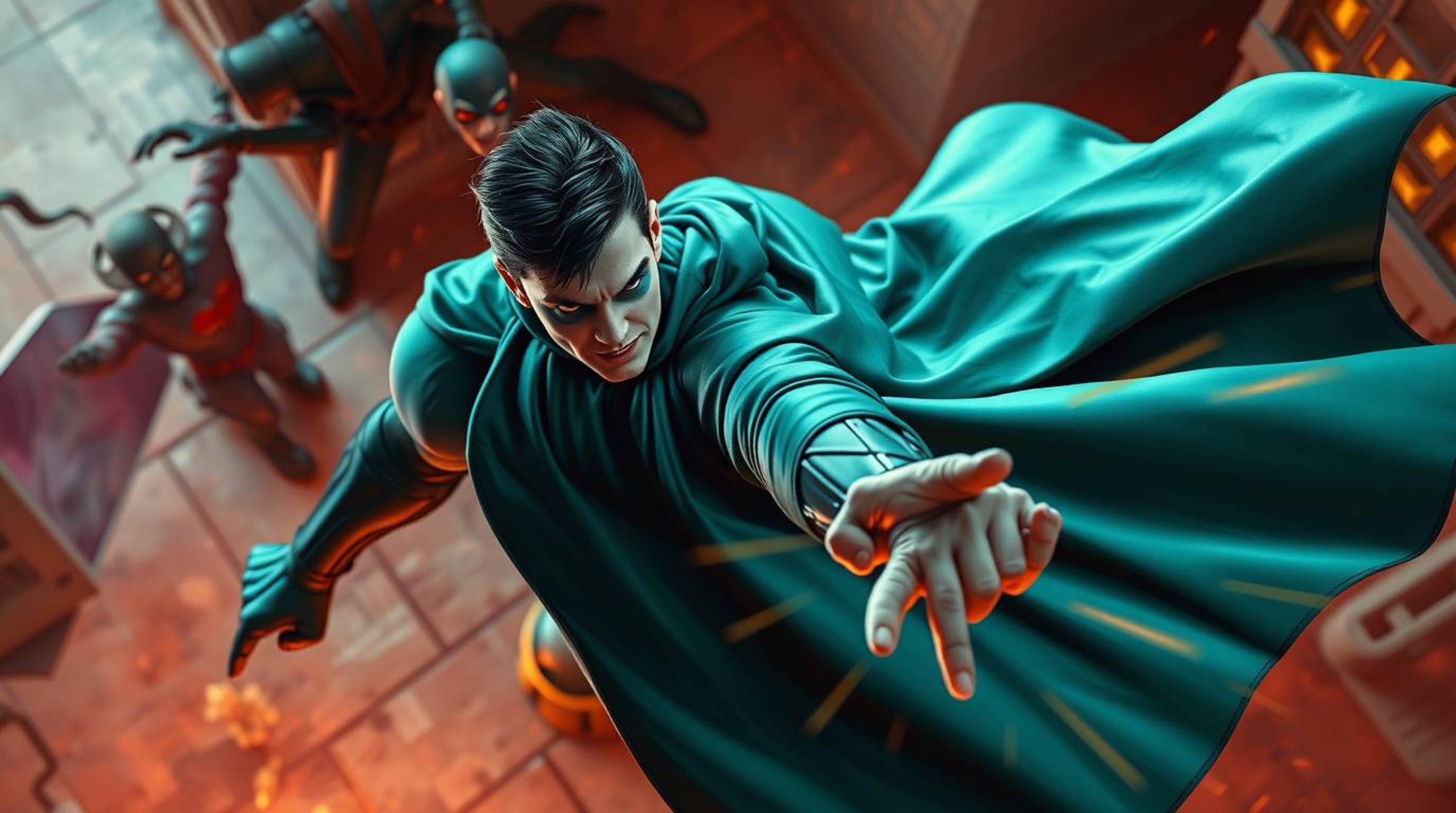 Witness an epic clash between a powerful superhero, adorned in a deep teal cape, and a hilariously inept villain. This high-a