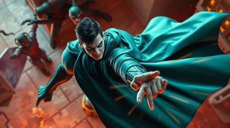 Witness an epic clash between a powerful superhero, adorned in a deep teal cape, and a hilariously inept villain. This high-a
