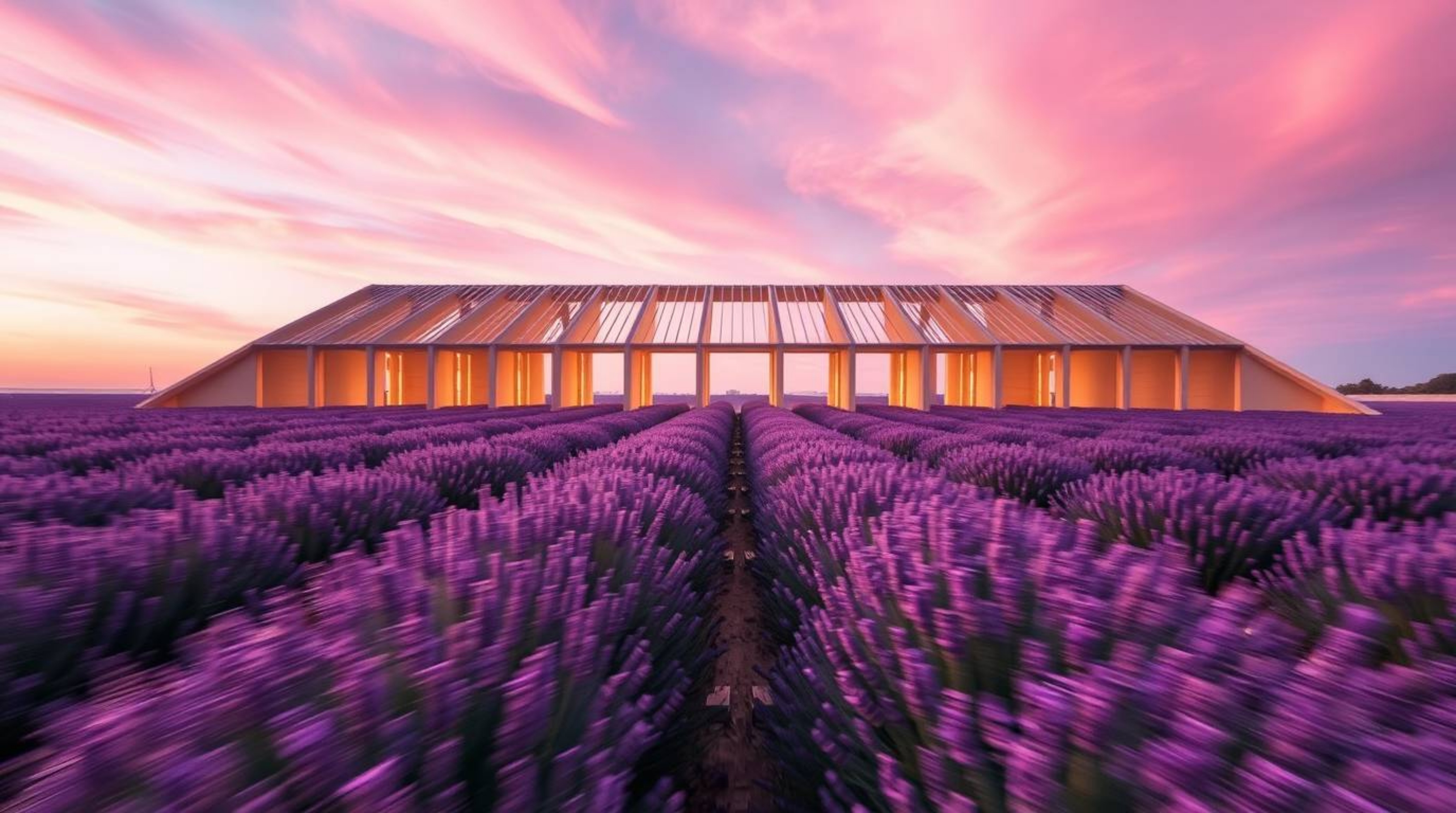 A captivating wide-angle architectural photograph showcases vibrant lavender fields bathed in the soft glow of a dreamy pink 