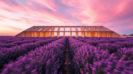 A captivating wide-angle architectural photograph showcases vibrant lavender fields bathed in the soft glow of a dreamy pink 