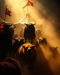Experience a breathtaking carnival scene overrun by wild animals, rendered in a strong and moody style. The environment featu