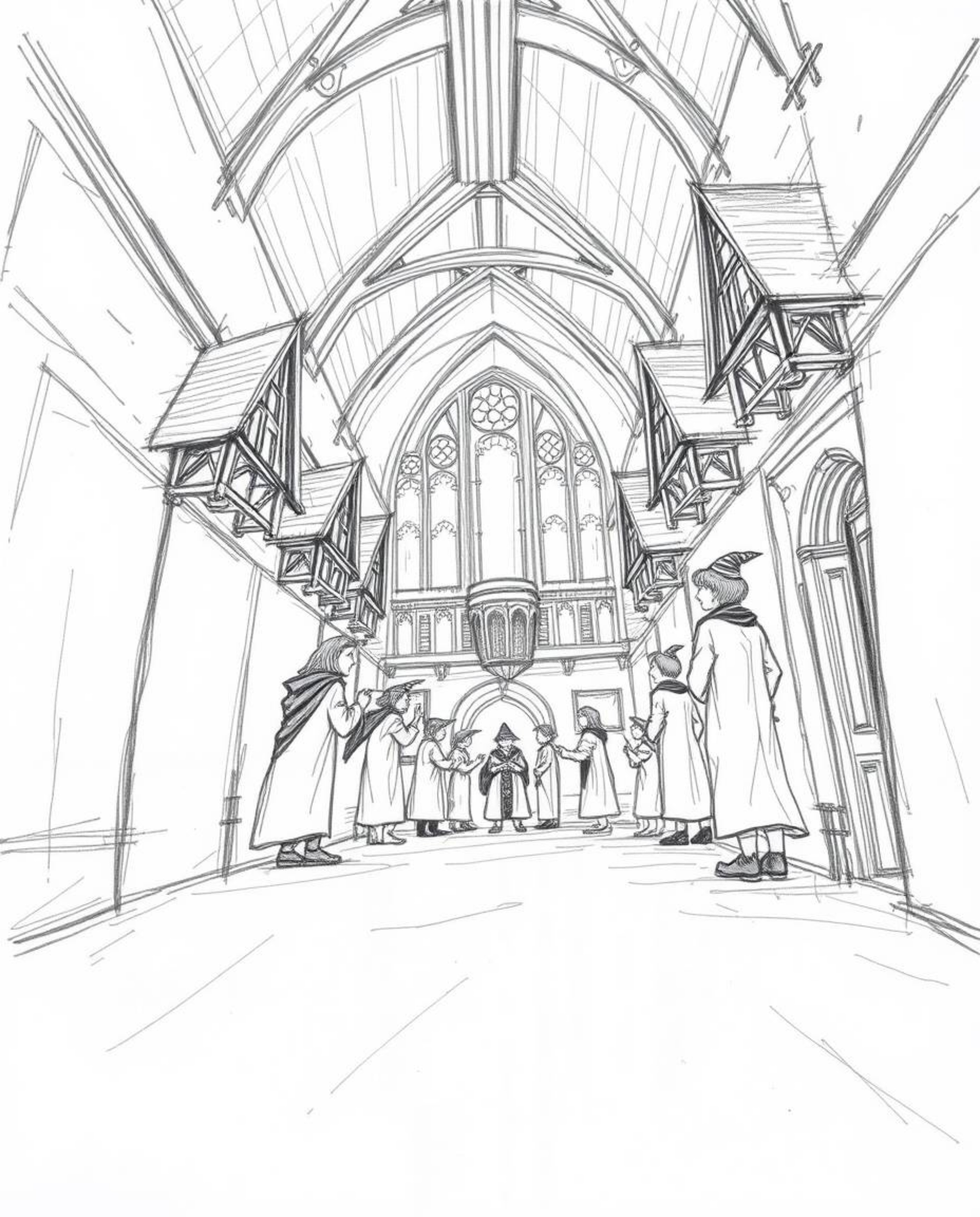 Discover a captivating hand-drawn sketch depicting a magical school teeming with young wizards, rendered from a dramatic low-