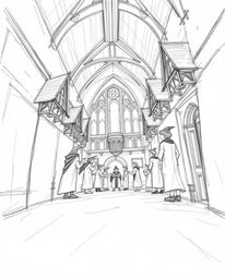 Discover a captivating hand-drawn sketch depicting a magical school teeming with young wizards, rendered from a dramatic low-