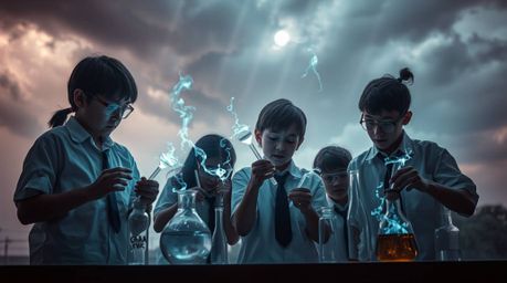 This image captures an ethereal and spiritual vibe, showcasing a group of quirky kids in school uniforms engrossed in experim