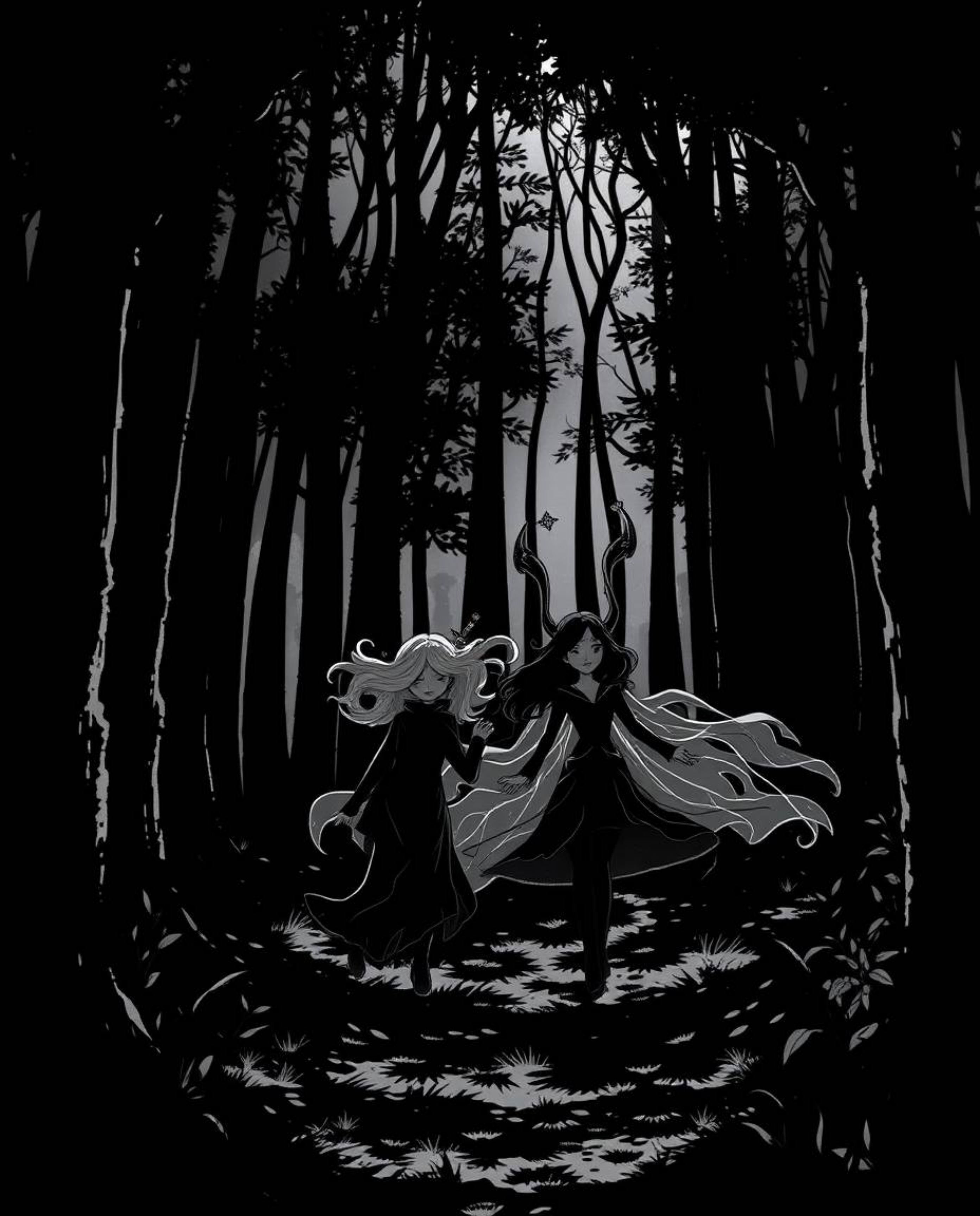 A captivating jet black illustration depicting a group of friends with extraordinary abilities as they embark on an adventure