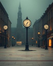 A captivating fine art photograph depicts an empty town square, filled with a soft, dreamy atmosphere.  Ticking clocks add a 