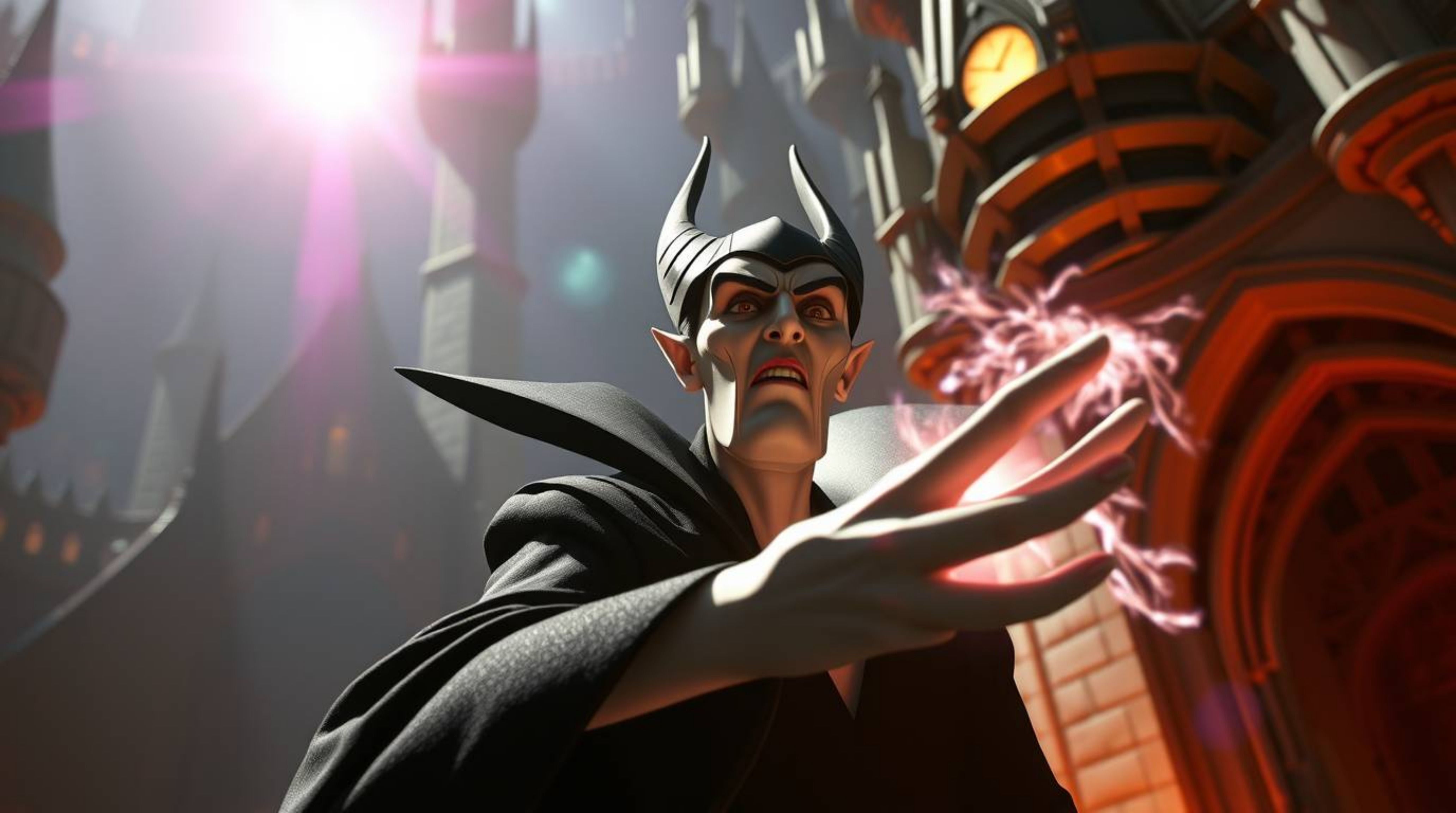 A classic Disney villain with sharp features and pale skin is depicted casting a powerful spell within a grand, futuristic ca