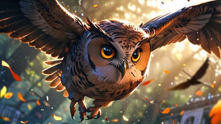 In a heartwarming and visually charming scene that combines the aesthetic of Pixar and anime, a wise blind owl is depicted wi