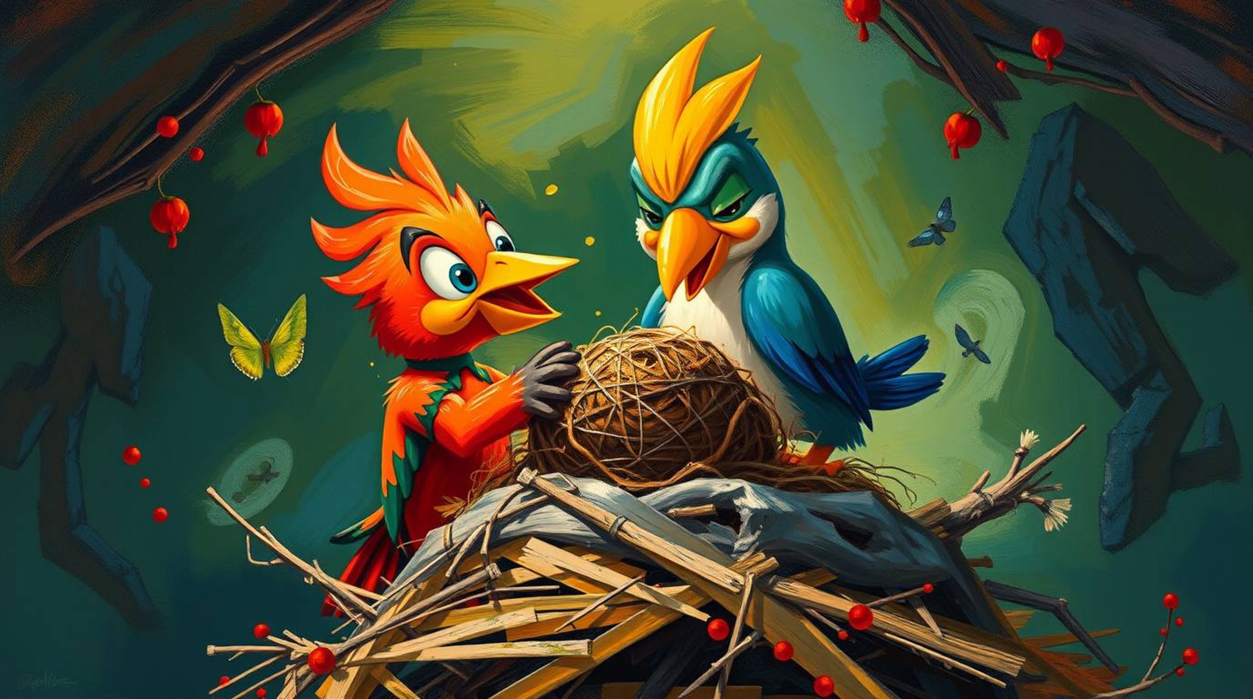 A dramatic and cinematic acrylic painting depicting two cartoon birds in a classic animation style diligently building their 