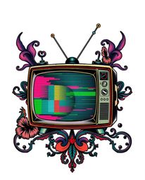 This vibrant and complex art print features a strong, moody traditional tattoo style depicting a retro TV screen with an RGB 
