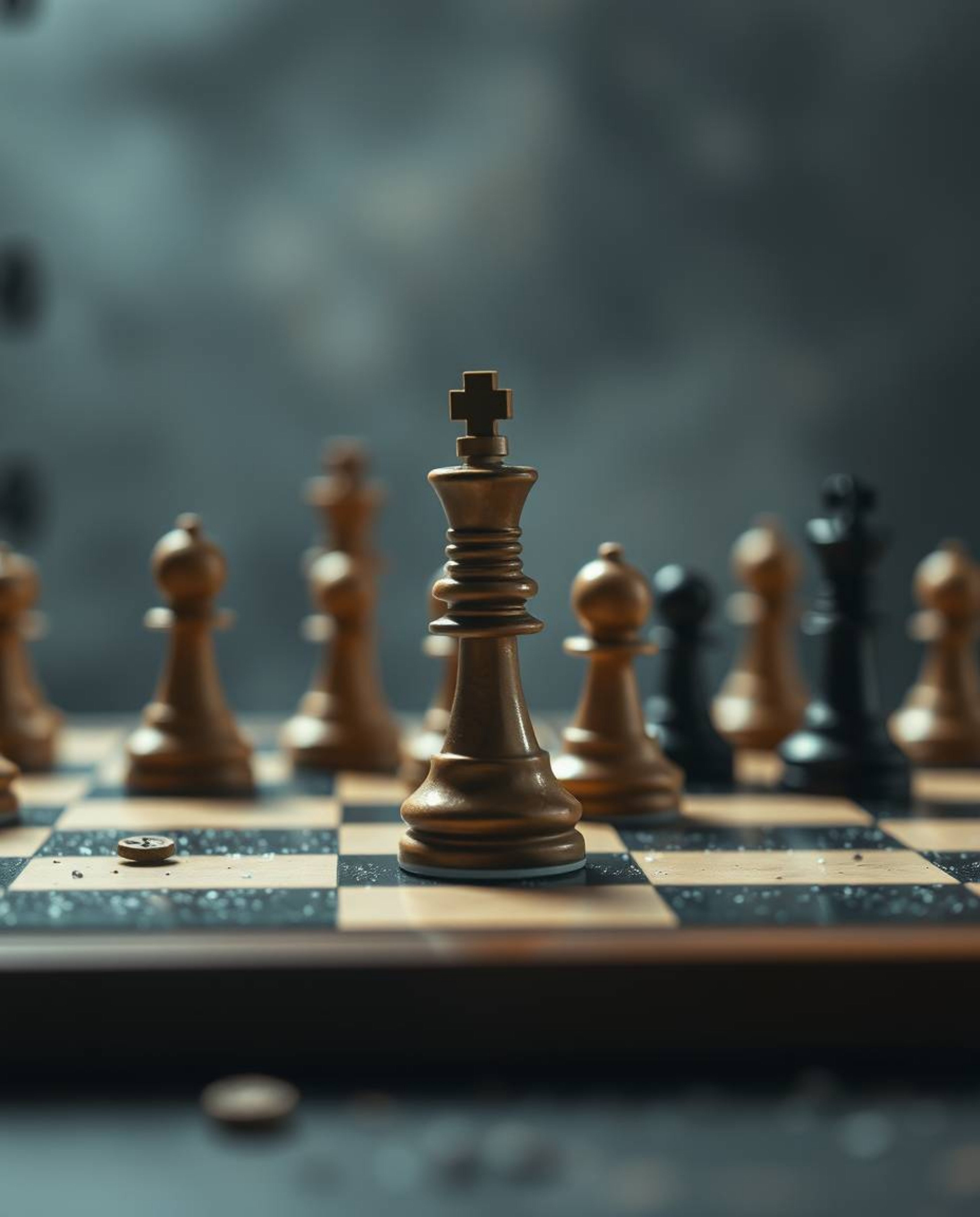 A captivating close-up captures a chessboard in a moment of frozen destruction. Chess pieces are suspended mid-air, creating 