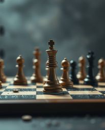 A captivating close-up captures a chessboard in a moment of frozen destruction. Chess pieces are suspended mid-air, creating 