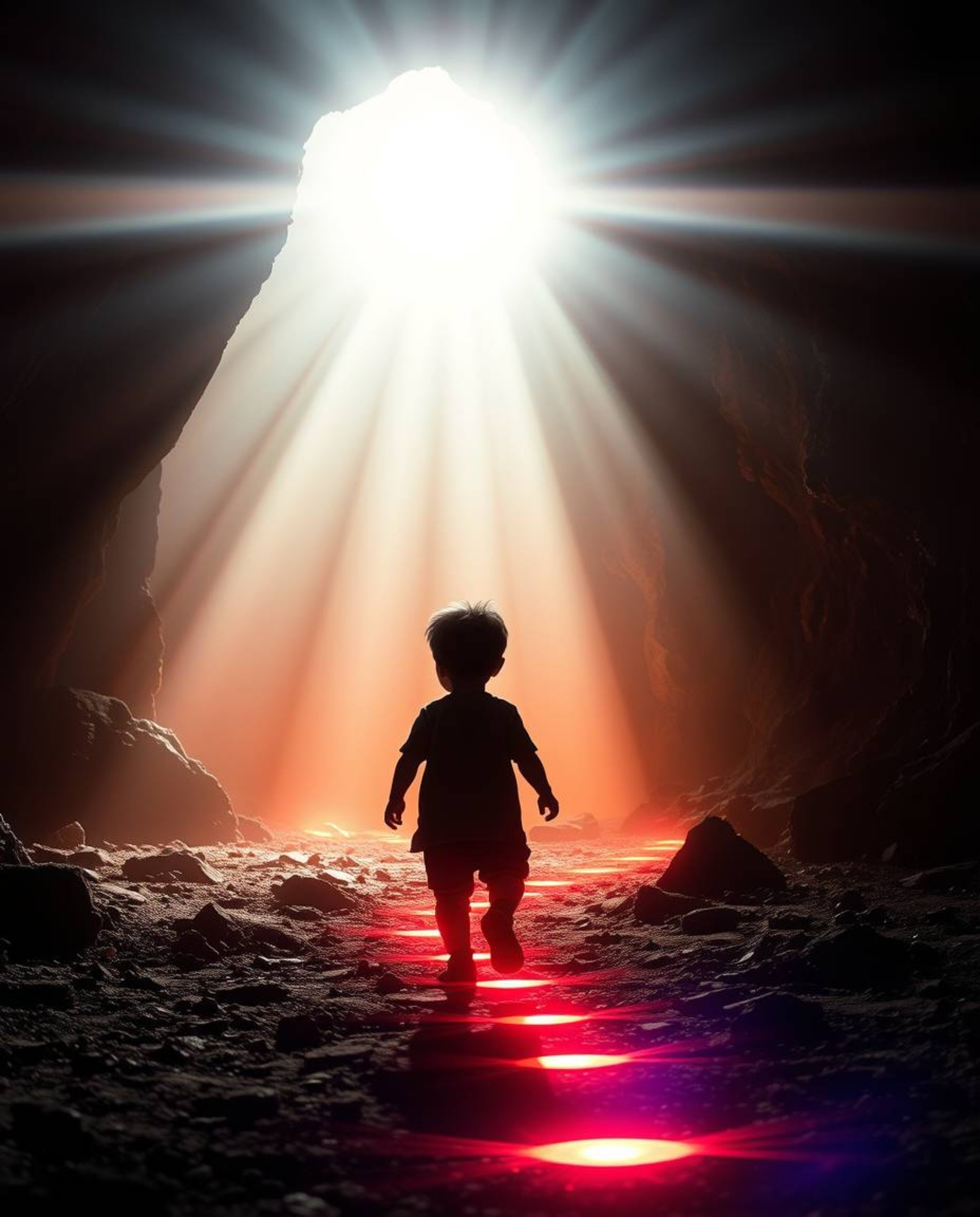 A grand epic scene unfolds in a modern futuristic style, depicting a silhouetted child with short black hair following glowin