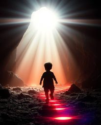 A grand epic scene unfolds in a modern futuristic style, depicting a silhouetted child with short black hair following glowin