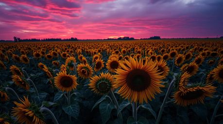 Capture the breathtaking beauty of a sunflower field from an overhead bird's-eye perspective, bathed in the vibrant hues of a