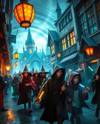 Explore an epic and modern future scene depicting a magical school teeming with young wizards. This urban fantasy setting ble