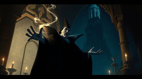 A captivating digital painting depicts a classic Disney villain casting a spell within a majestic old castle. The artwork bo