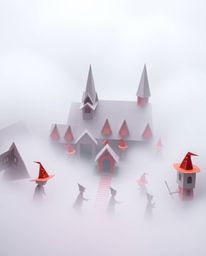 Discover a whimsical world of origami artistry depicting a magical school shrouded in thick fog.  Adorable young wizards popu