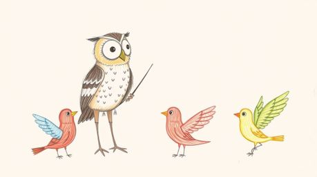 A whimsical hand-drawn sketch depicts a blind owl, reminiscent of Pixar's style, teaching colorful birds how to fly. The bird
