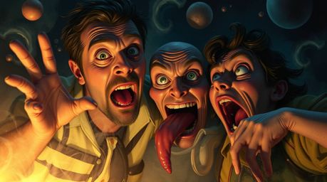 A captivating digital painting in a dramatic, cinematic style portrays a dreamlike, surreal gross-out comedy scene.  Exaggera
