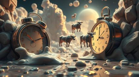 Dive into a surreal dreamscape captured in extreme macro detail. This futuristic sci-fi image showcases melting clocks and fl