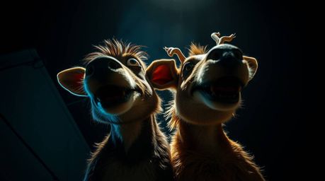 Experience the tension in a low-angle shot featuring a mischievous duo of talking animals.  Intense, dramatic lighting and hi