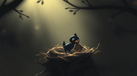 A captivating animation depicting two cartoon birds diligently constructing a nest. The scene is rendered in a classic anima