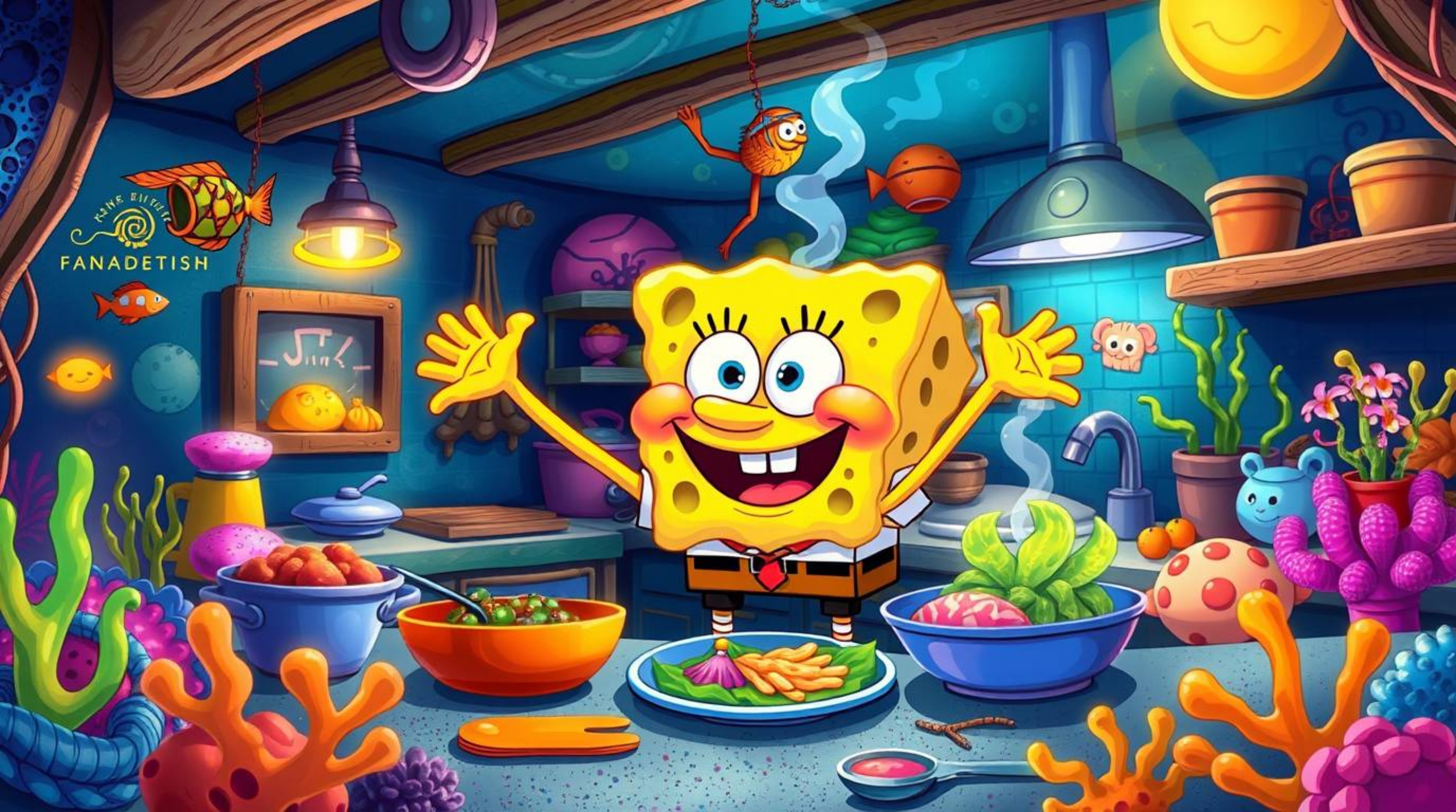 A cheerful sponge character joyfully prepares a meal in a whimsical underwater kitchen.  Bright, saturated colors and playful
