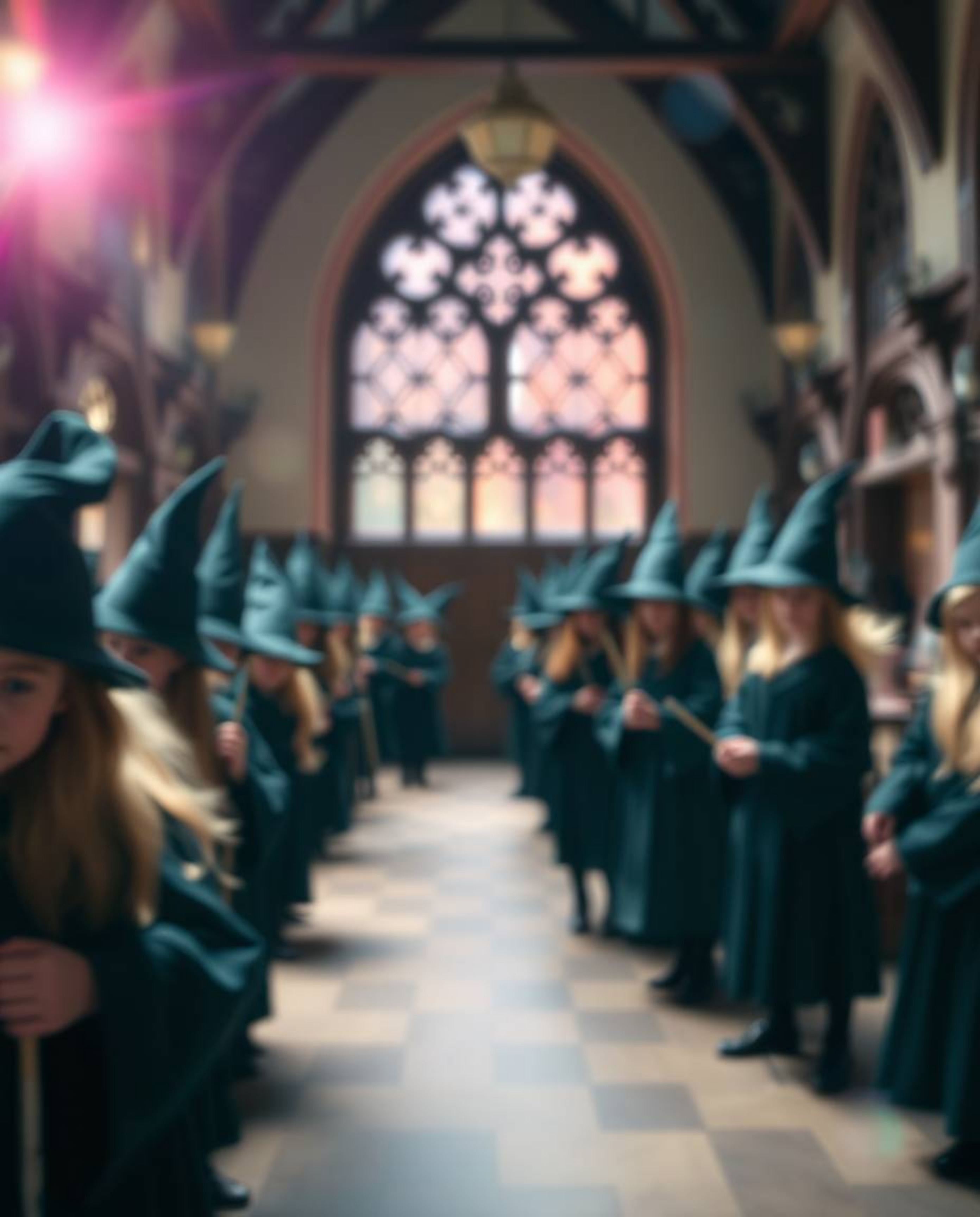 A captivating photograph depicting a magical school teeming with young wizards, artfully utilizing a blurred bokeh effect and