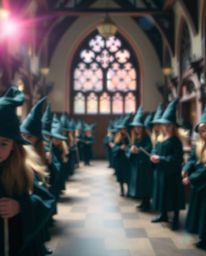A captivating photograph depicting a magical school teeming with young wizards, artfully utilizing a blurred bokeh effect and