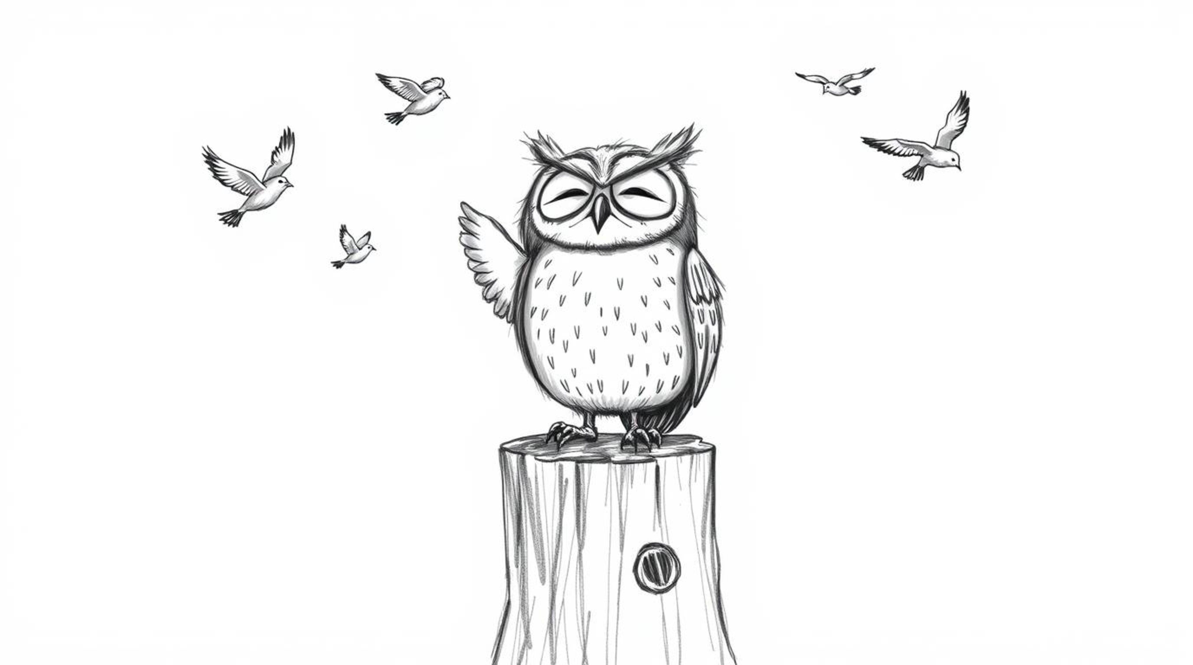 A heartwarming, hand-drawn Pixar-style illustration featuring a blind owl perched on a tree stump, filled with joy as he watc