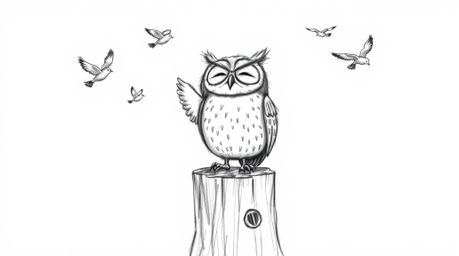 A heartwarming, hand-drawn Pixar-style illustration featuring a blind owl perched on a tree stump, filled with joy as he watc