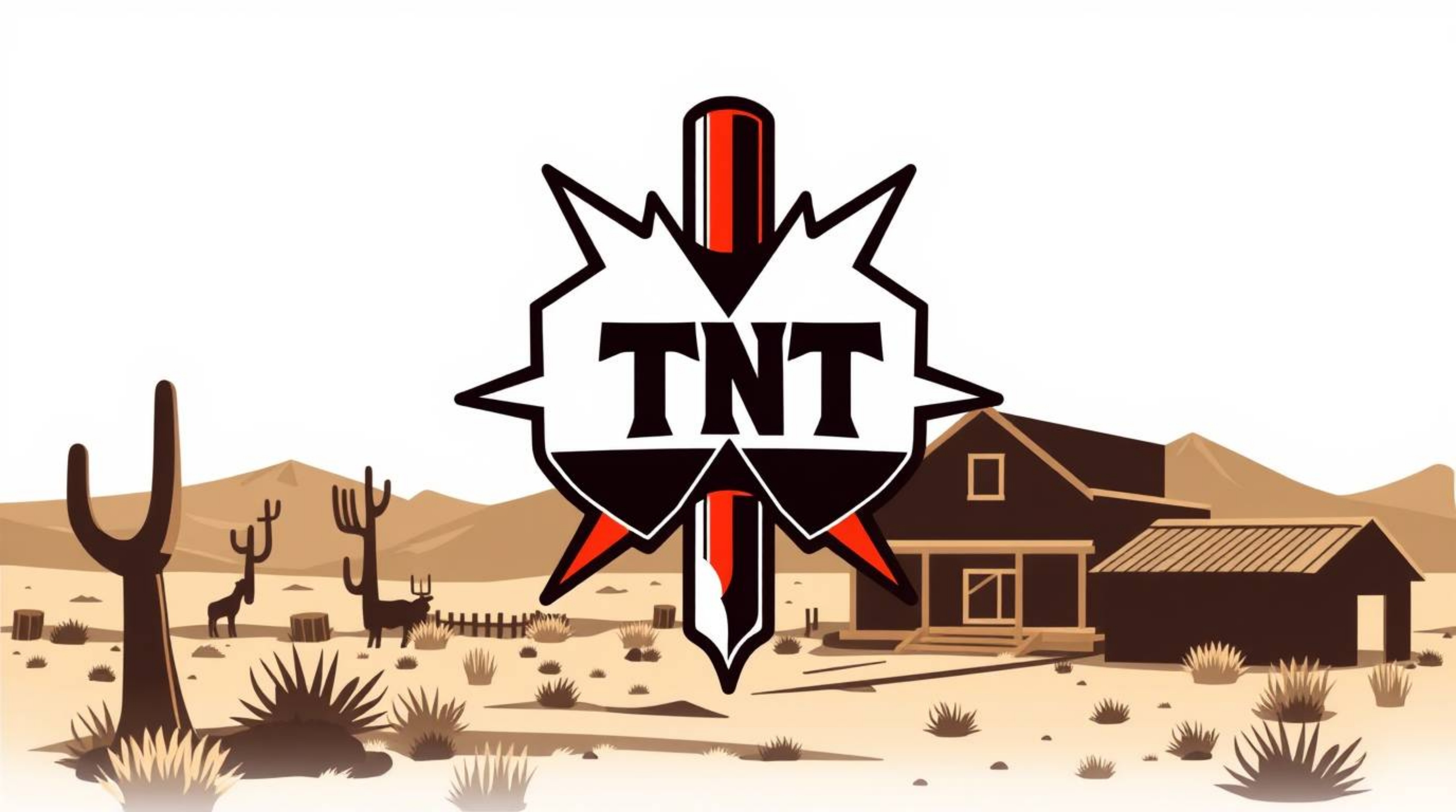 A striking geometric logo design features a split, exploding stick of TNT set against a classic Wild West backdrop.  Bold sha