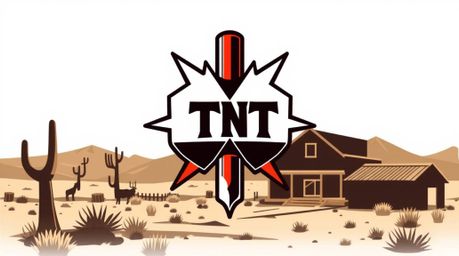 A striking geometric logo design features a split, exploding stick of TNT set against a classic Wild West backdrop.  Bold sha