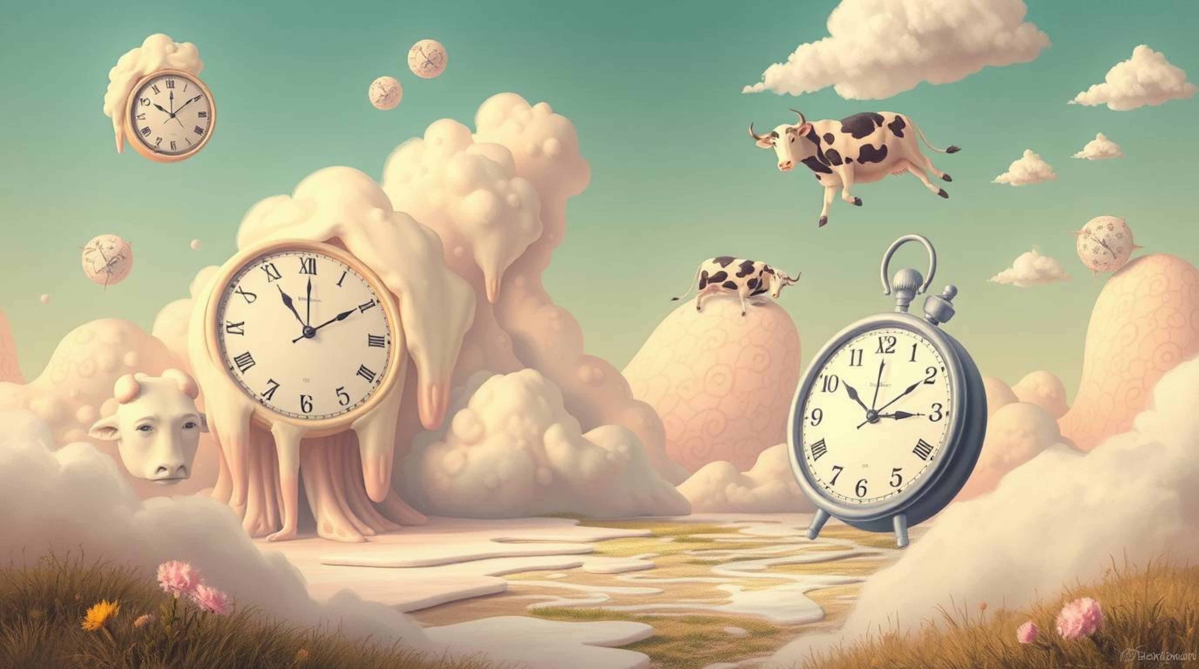 Experience a captivating surreal dreamscape filled with melting clocks and floating cows, meticulously rendered in soft paste