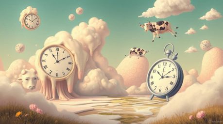 Experience a captivating surreal dreamscape filled with melting clocks and floating cows, meticulously rendered in soft paste