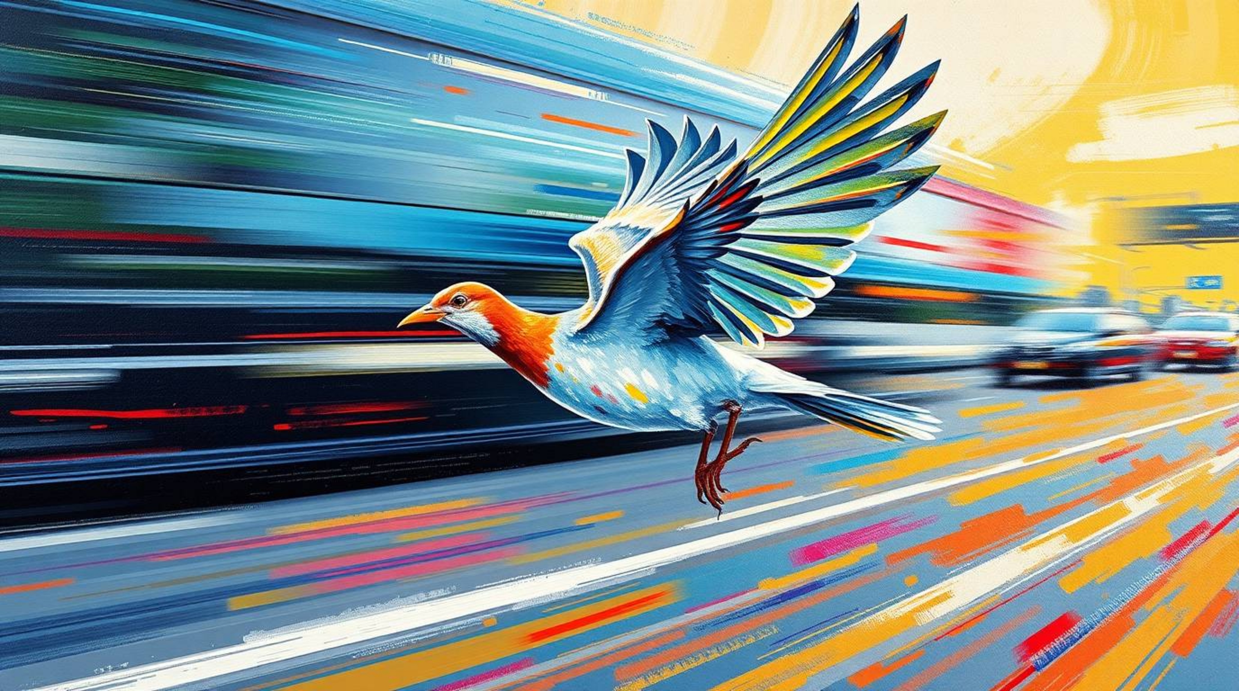This bold acrylic painting captures the dynamic energy of a fast-running bird speeding past traffic. The artwork features vib