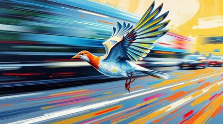 This bold acrylic painting captures the dynamic energy of a fast-running bird speeding past traffic. The artwork features vib