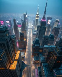 A precise architectural color photograph captures a futuristic city in glitch mode from a bird's eye view. Flickering lights 