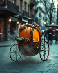 Capture the magic of an enchanting urban scene with candid street photography showcasing a pumpkin transforming into a carria