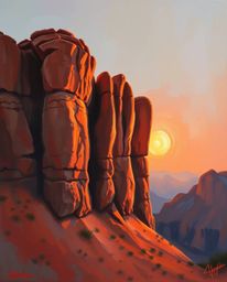 A classic oil painting depicts the breathtaking moment a sunset illuminates sandstone cliffs within a canyon. The artwork is 