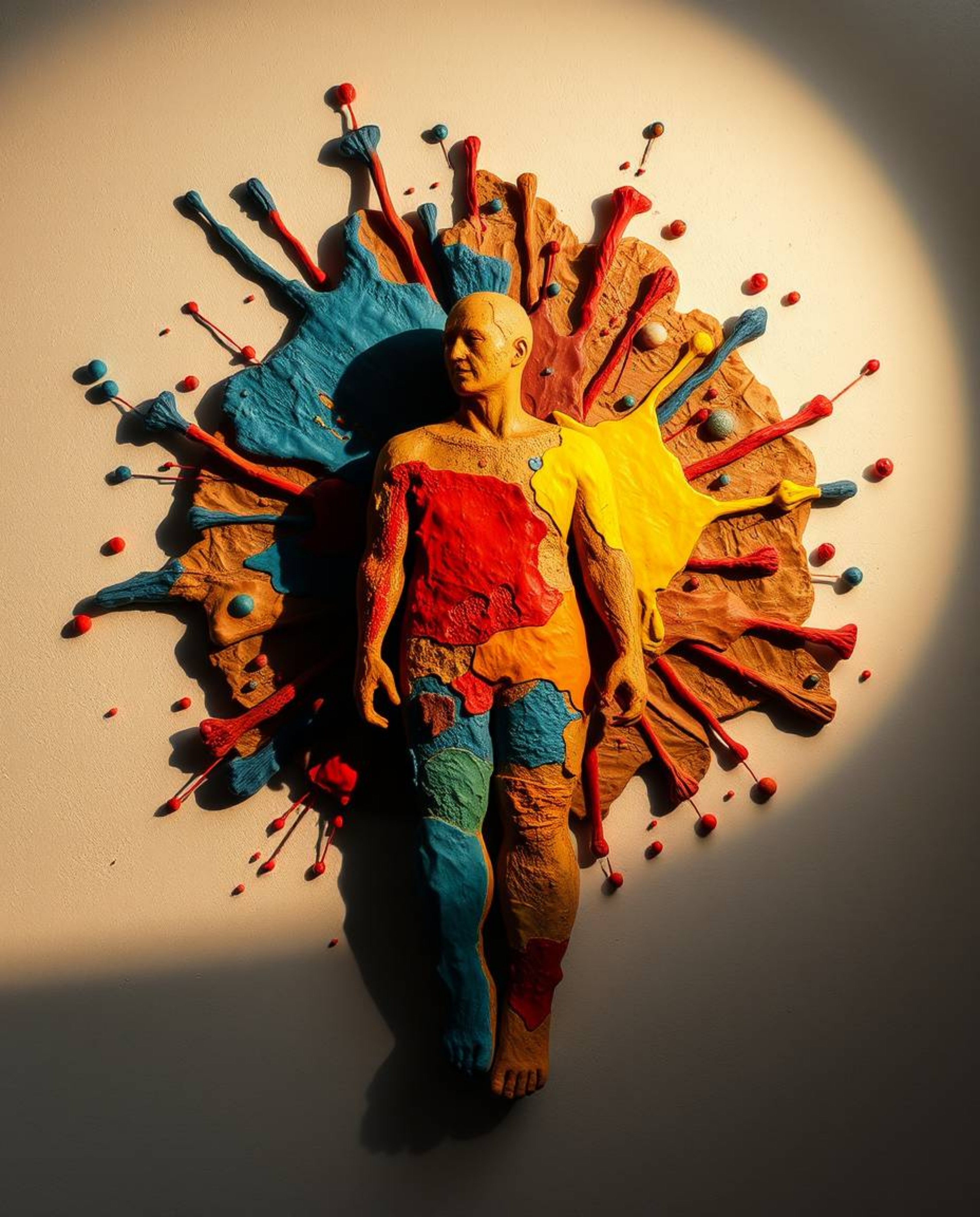 This modern art piece features a sculptural clay creation depicting a human silhouette formed from vibrant and energetic colo