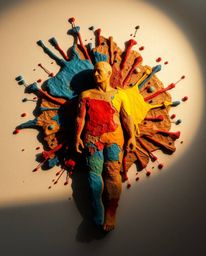 This modern art piece features a sculptural clay creation depicting a human silhouette formed from vibrant and energetic colo