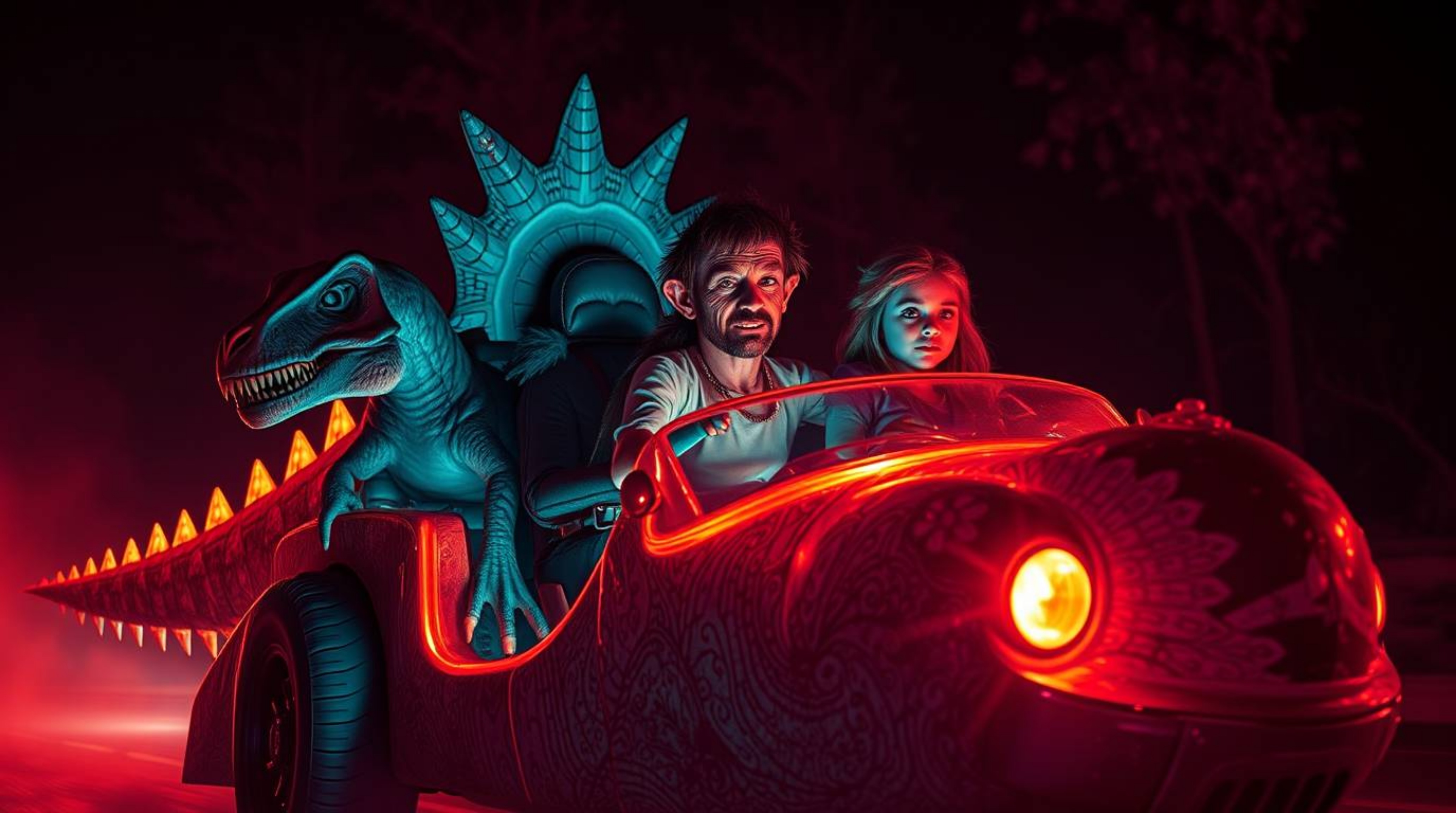 Experience a dramatic and otherworldly scene featuring a prehistoric family with weathered skin, riding a bioluminescent dino
