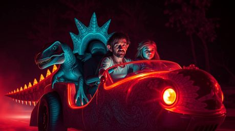 Experience a dramatic and otherworldly scene featuring a prehistoric family with weathered skin, riding a bioluminescent dino