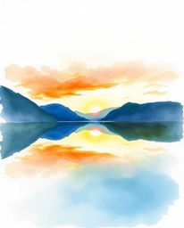 A delicate watercolor painting of a glassy fjord reflecting a sunset. This artwork is characterized by the use of strong, har