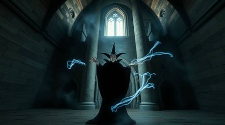 A distinct split long exposure photograph capturing a classic Disney villain casting a spell within the eerie confines of an 