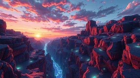 Experience a breathtaking high-angle view of a bioluminescent rocky canyon at sunset.  Vibrant colors glow against the warm h