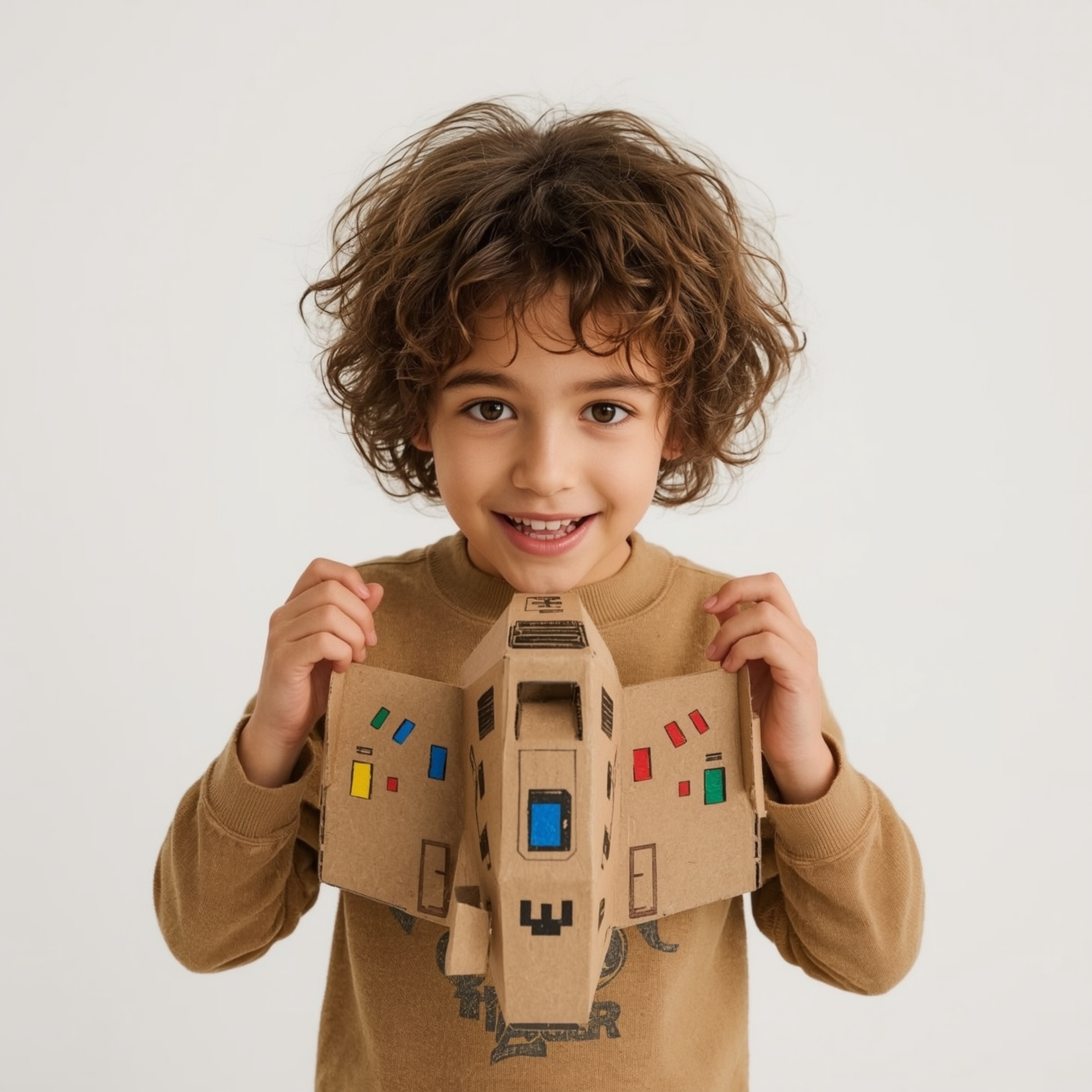 Exquisite high-fashion photography captures a vibrant boy with curly brown hair and bright eyes, meticulously constructing an